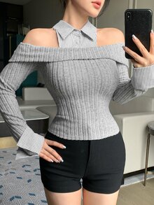 DAZY Fall Grey Ribbed Knit Cold Shoulder 2 In 1 Shirt Collar Slim Fit Flattering Sweet French Elegant Cool Casual Dating Everyday Daytime Women's T-Shirt - Grey - View 4