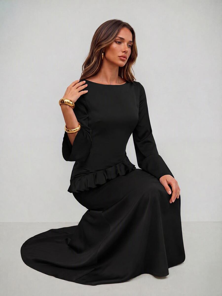 Aloruh Women's Elegant Square Neck Flared Sleeve Ruffle Waist Tie Back A-Line Beige Dress - Black - View 1