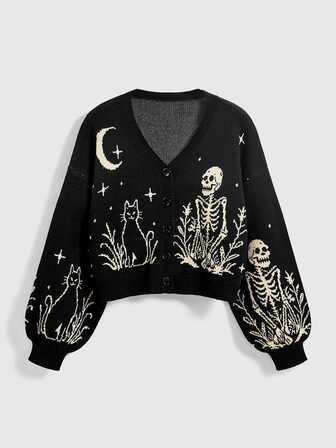 Goth Chaqueta de punto estilo gótico oscuro de Halloween talla grande con calavera y gato negro jacquard cuello en V manga larga suéter de otoño/invierno