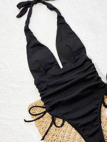 SHEIN Swim 女士夏季沙滩装，法式纹理面料系带前侧褶皱连体泳衣 - 黑色 - 查看 5