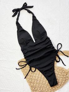 SHEIN Swim 女士夏季沙滩装，法式纹理面料系带前侧褶皱连体泳衣 - 黑色 - 查看 6