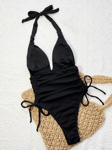SHEIN Swim 女士夏季沙滩装，法式纹理面料系带前侧褶皱连体泳衣 - 黑色 - 查看 3