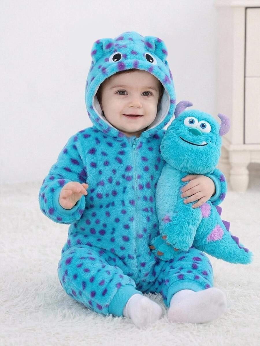 SHEIN Bubblio Baby Boy All-Over Print 3D Ear Design Long Sleeve Cute Winter Romper