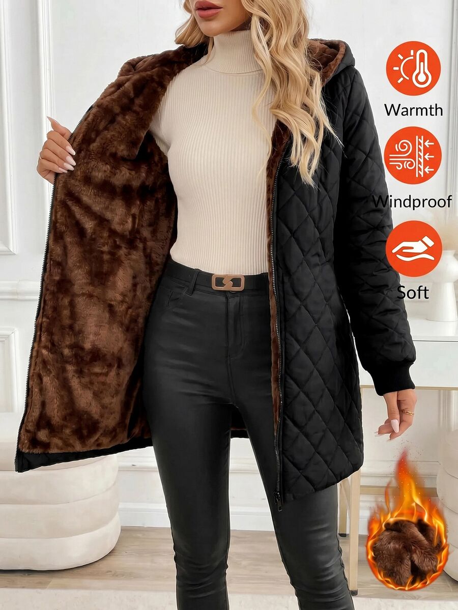 SHEIN Clasi 女款冬季保暖內裡連帽夾克 露營度假 黑色休閒 - 黑色 - 查看 1