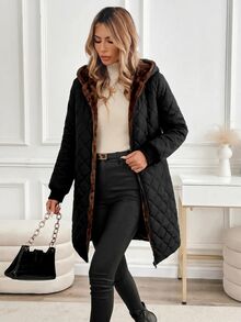 SHEIN Clasi 女款冬季保暖內裡連帽夾克 露營度假 黑色休閒 - 黑色 - 查看 3