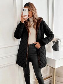 SHEIN Clasi 女款冬季保暖內裡連帽夾克 露營度假 黑色休閒 - 黑色 - 查看 4