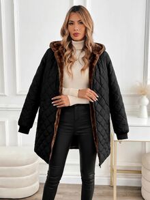 SHEIN Clasi 女款冬季保暖內裡連帽夾克 露營度假 黑色休閒 - 黑色 - 查看 6