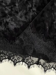 Franclia 大尺碼天鵝絨對比蕾絲荷葉袖抓皺腰身洋裝 秋季 - 黑色 - 查看 6