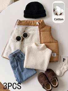 SHEIN Set Baju Jeans dan Rompi Bulu Musim Dingin untuk Bayi Laki-laki, Kerah Tinggi, dan Sweatshirt Musim Gugur - MultiWarna - View 1