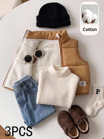 SHEIN Set Baju Jeans dan Rompi Bulu Musim Dingin untuk Bayi Laki-laki, Kerah Tinggi, dan Sweatshirt Musim Gugur
