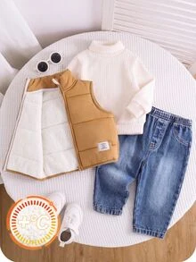 SHEIN Set Baju Jeans dan Rompi Bulu Musim Dingin untuk Bayi Laki-laki, Kerah Tinggi, dan Sweatshirt Musim Gugur - MultiWarna - View 4