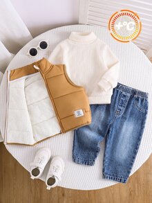 SHEIN Set Baju Jeans dan Rompi Bulu Musim Dingin untuk Bayi Laki-laki, Kerah Tinggi, dan Sweatshirt Musim Gugur - MultiWarna - View 11