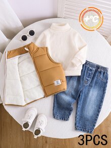 SHEIN Set Baju Jeans dan Rompi Bulu Musim Dingin untuk Bayi Laki-laki, Kerah Tinggi, dan Sweatshirt Musim Gugur - MultiWarna - View 3