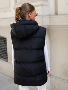SHEIN سترات شتوية للنساء بمقاسات كبيرة بلون موحد مع تفاصيل الجيب والسحاب - الأسود - مشاهدة 2