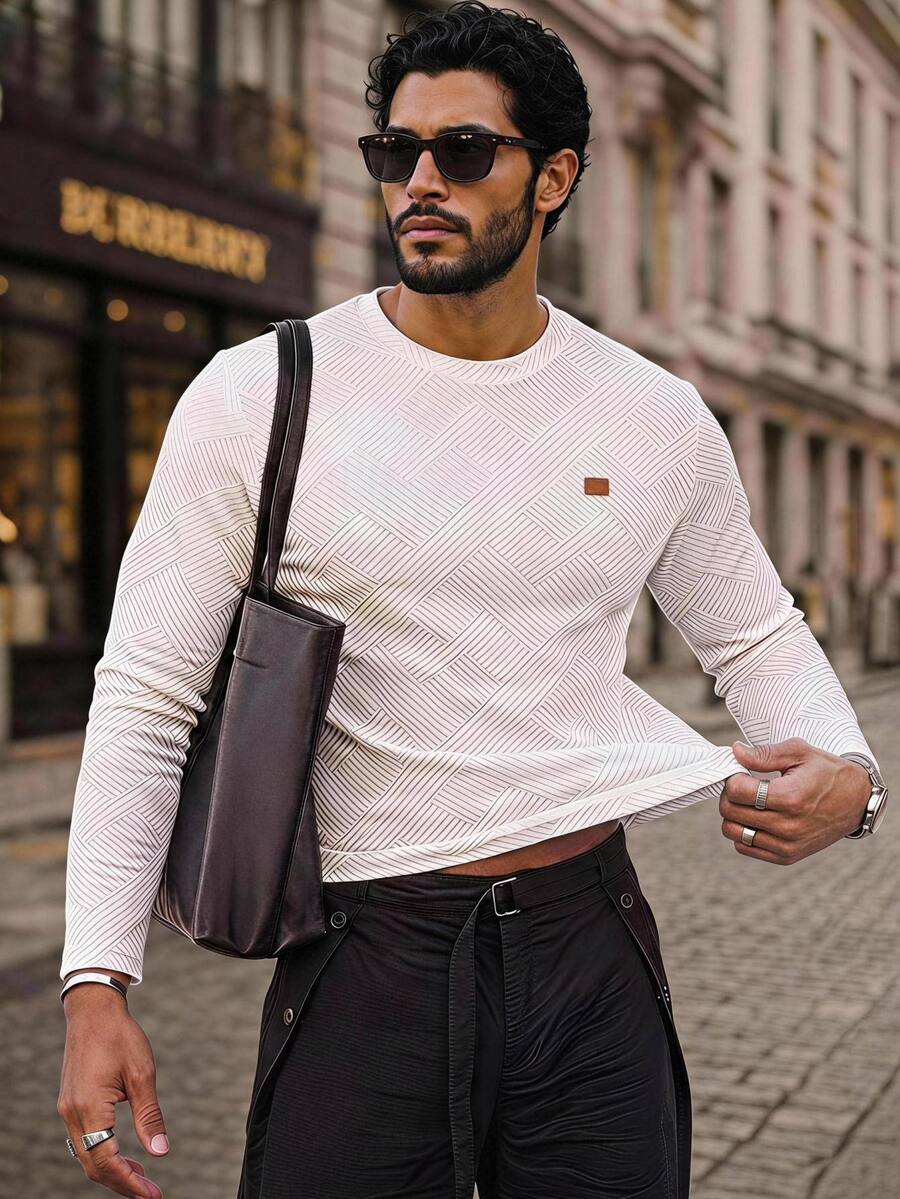 HIMLAND Men's Crew Neck Knit Casual Modest Long Sleeve T-Shirt With Graphic Design Holiday Vacation White Autumn - White - View 1
