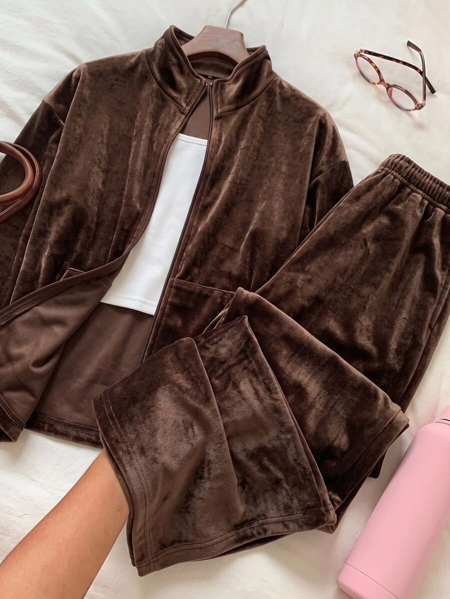 Solflare New F/W Plus Size Brown Soft Silky Velvet Casual Jacket & Pants 2 Pieces Set For Outings, School, Home & Daily Wear - Mocha Brown - View 1