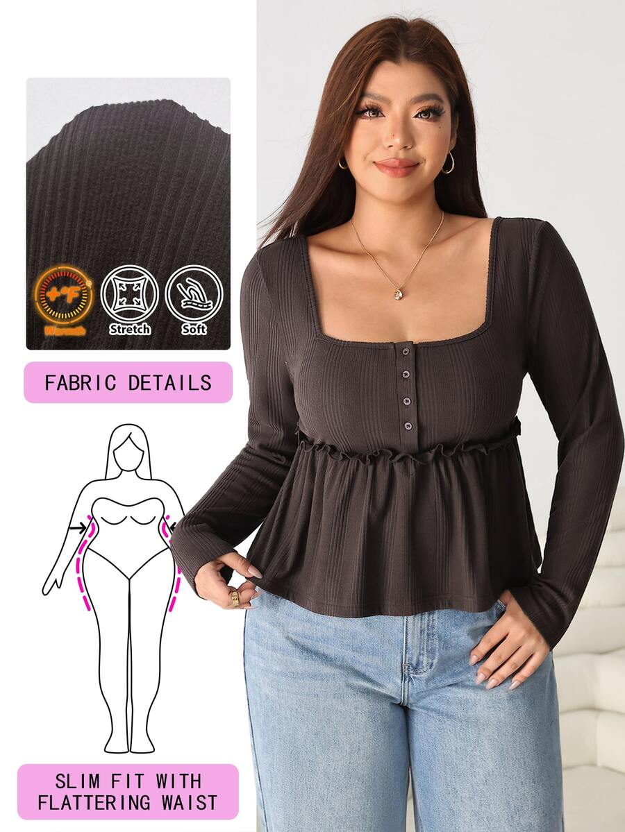 Solflare Plus Size Vintage Button Half-Placket Long Sleeve Fashion T-Shirt - Brown - View 1