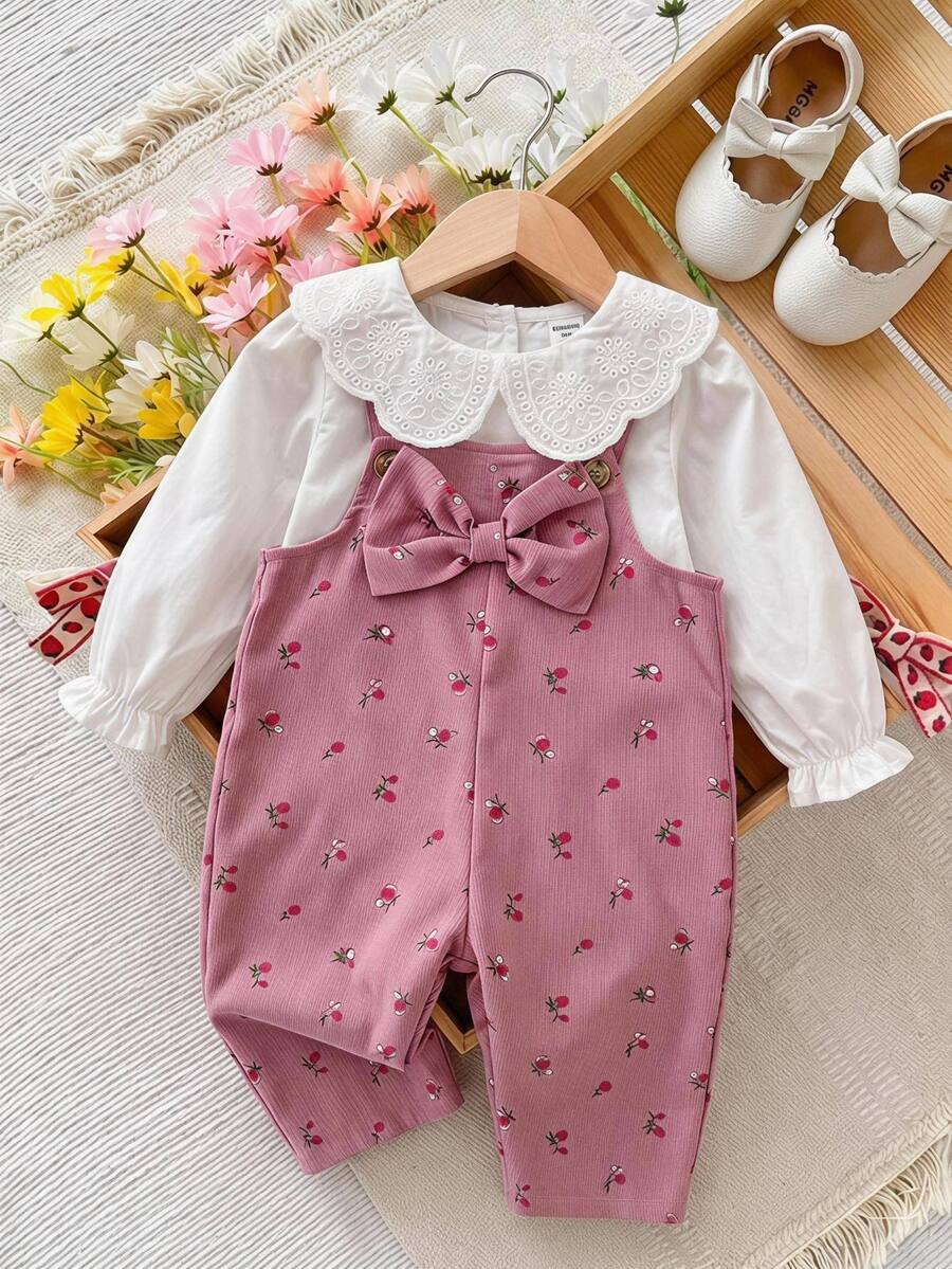 SHEIN LMoss Kids 女嬰可愛秋冬蝴蝶結長袖連身衣 - 彩色 - 查看 1