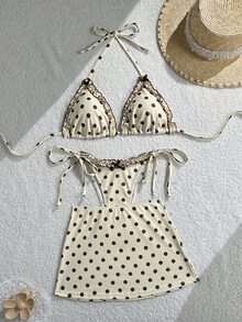 Swim Mod 女款可愛紅白波點三件式泳衣套裝，細肩帶比基尼上衣、側綁帶泳褲與迷你裙，夏季海灘度假穿搭 - 米色 - 查看 5