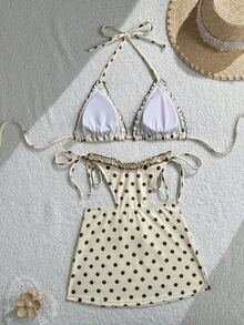 Swim Mod 女款可愛紅白波點三件式泳衣套裝，細肩帶比基尼上衣、側綁帶泳褲與迷你裙，夏季海灘度假穿搭 - 米色 - 查看 2