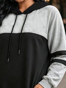 EMERY ROSE Women's Plus Size Elegant Colorblock Drawstring Hooded Long Thick Sweatshirt Dress, Autumn/Winter, Suitable For Casual Wear, Commuting, Office And Holiday Occasions - Black - View 5