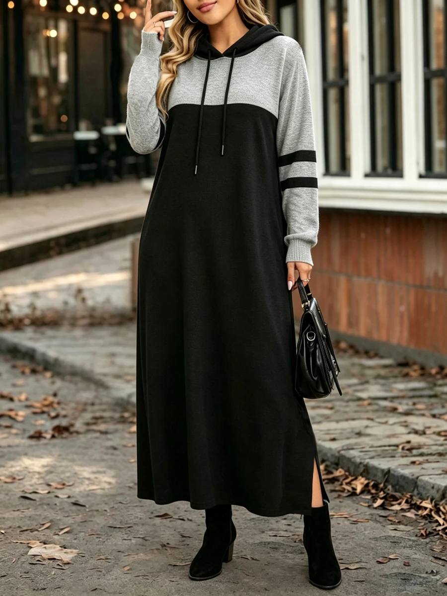 EMERY ROSE Women's Plus Size Elegant Colorblock Drawstring Hooded Long Thick Sweatshirt Dress, Autumn/Winter, Suitable For Casual Wear, Commuting, Office And Holiday Occasions - Black - View 1