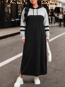 EMERY ROSE Women's Plus Size Elegant Colorblock Drawstring Hooded Long Thick Sweatshirt Dress, Autumn/Winter, Suitable For Casual Wear, Commuting, Office And Holiday Occasions - Black - View 4