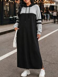 EMERY ROSE Women's Plus Size Elegant Colorblock Drawstring Hooded Long Thick Sweatshirt Dress, Autumn/Winter, Suitable For Casual Wear, Commuting, Office And Holiday Occasions - Black - View 1
