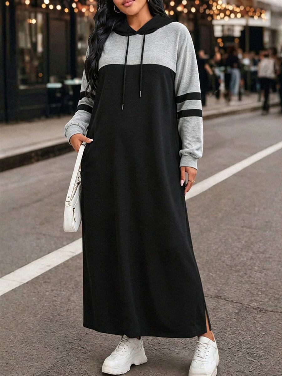 EMERY ROSE Women's Plus Size Elegant Colorblock Drawstring Hooded Long Thick Sweatshirt Dress, Autumn/Winter, Suitable For Casual Wear, Commuting, Office And Holiday Occasions - Black - View 1