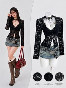 Elamini Women's Lace Long Sleeve Single-Breasted Sexy Blouse - Black - View 1