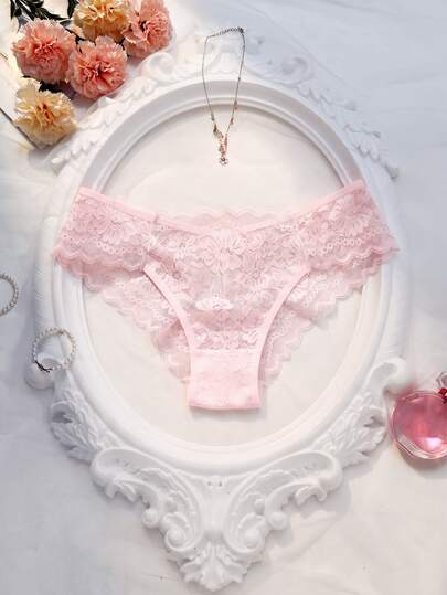 Crystal Vow Seamless Lace Trim Sexy Sheer Panties (Thong), Pink