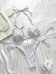 Swim Mod Springbreak Women's Bikini Swimwear Set, Polka Dot Print For Summer Beach Vacation - White - View 1