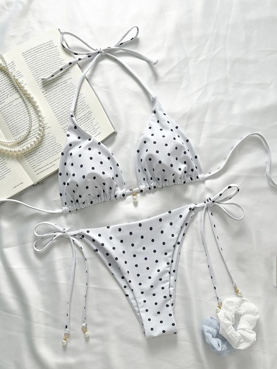 Swim Mod Springbreak Women's Bikini Swimwear Set, Polka Dot Print For Summer Beach Vacation - White - View 1