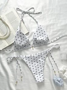 Swim Mod Springbreak Women's Bikini Swimwear Set, Polka Dot Print For Summer Beach Vacation - White - View 2