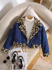 Emery Rose Kids Emery Rose Kids 女童秋冬深藍色丹寧豹紋抓絨內裡短版寬鬆長袖夾克，搭配白色襯衫 - 藍色 - 查看 6
