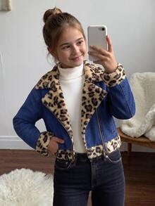 Emery Rose Kids Emery Rose Kids 女童秋冬深藍色丹寧豹紋抓絨內裡短版寬鬆長袖夾克，搭配白色襯衫 - 藍色 - 查看 3