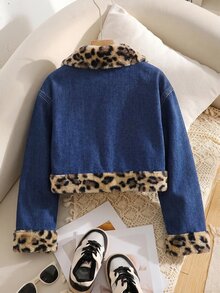 Emery Rose Kids Emery Rose Kids 女童秋冬深藍色丹寧豹紋抓絨內裡短版寬鬆長袖夾克，搭配白色襯衫 - 藍色 - 查看 5