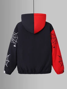 SHEIN 兒童青少年男孩休閒街頭風蜘蛛網蜘蛛印花保暖內裡加厚連帽夾克外套，黑色紅色，適合秋季、學校、家庭聚會、度假、派對、萬聖節、聖誕節、秋季穿搭、冬季穿搭 - 彩色 - 查看 4