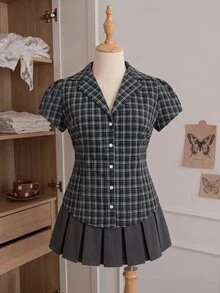 Comfortcana 大尺碼女款格紋休閒百搭日常外出襯衫 - 藏蓝色 - 查看 6