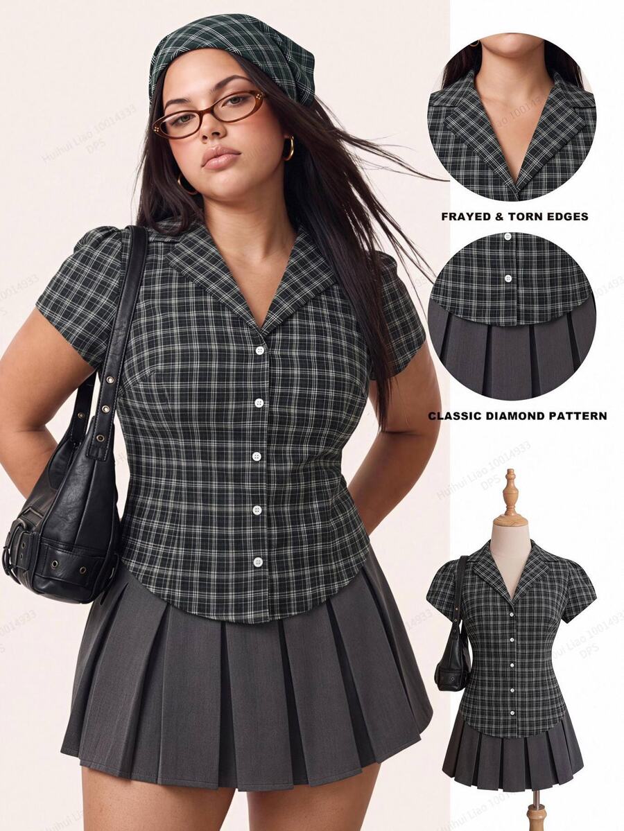 Comfortcana Plus Size Women's Plaid Casual Versatile Everyday Outing Shirt - Navy Blue - View 1