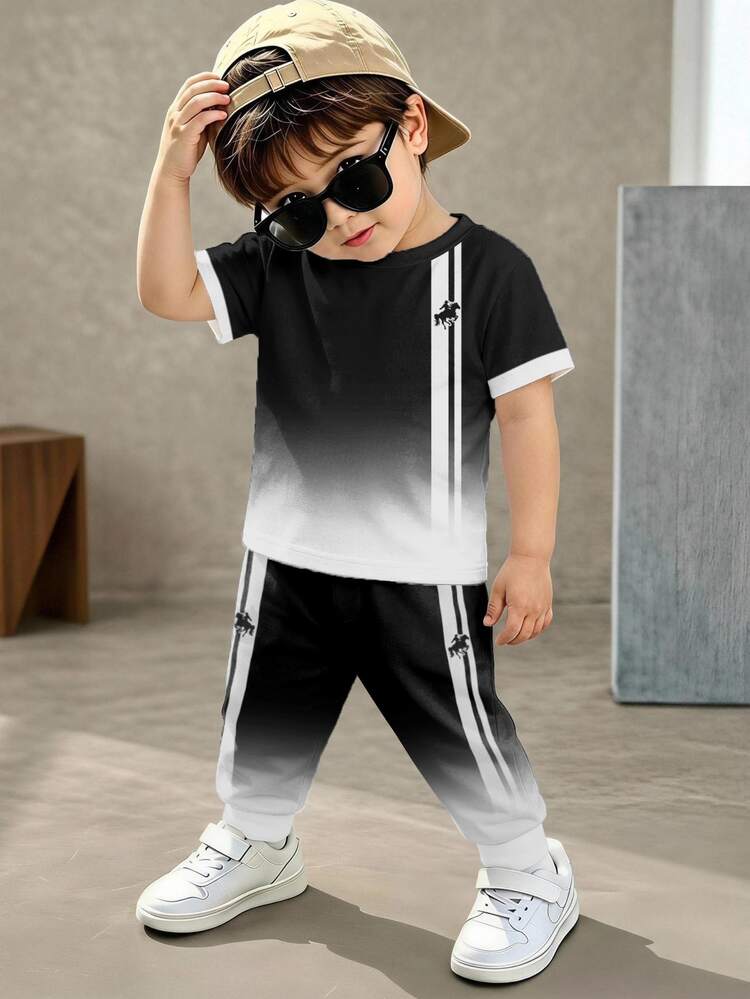 Baby Boys Loose Sporty Casual Minimalist Comfortable Short Sleeve T-Shirt & Pants 2 Pieces Set, Suitable For Spring And Summer - Multicolor - View 4