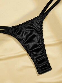 Charlaine 2pcs Set Lingerie Minimalis Warna Polos, Bra & Celana Dalam Tanpa Kawat, Thong - Hitam - View 4