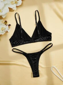 Charlaine 2pcs Set Lingerie Minimalis Warna Polos, Bra & Celana Dalam Tanpa Kawat, Thong - Hitam - View 2