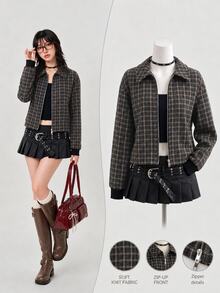 Elamini Women's Plaid Long Sleeve Zip-Up Casual Overcoat - Multicolor - View 3