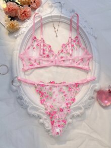 SHEIN Embroidery Sheer Mesh Underwire Bra & Panty Lingerie Set - Pink - View 2