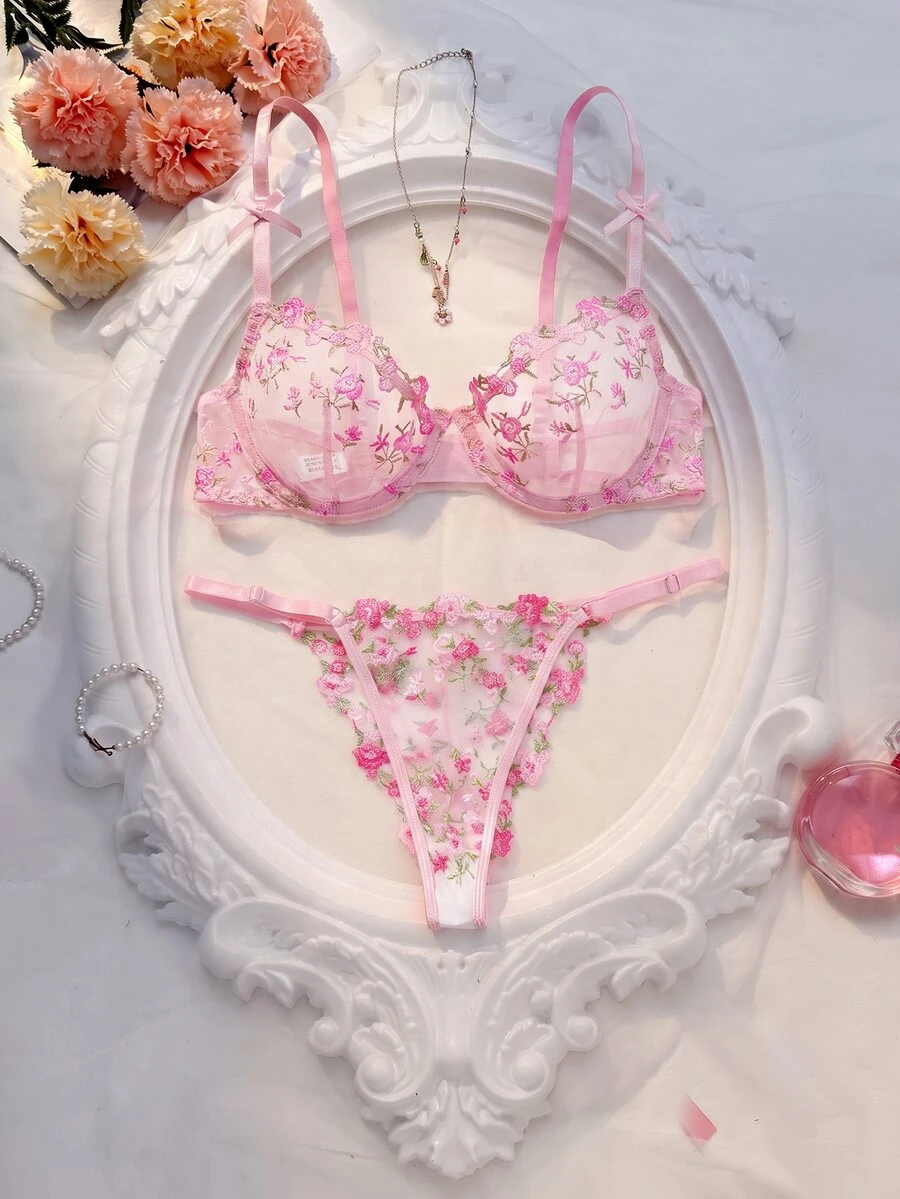 SHEIN Embroidery Sheer Mesh Underwire Bra & Panty Lingerie Set - Pink - View 1