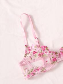 SHEIN Embroidery Sheer Mesh Underwire Bra & Panty Lingerie Set - Pink - View 6