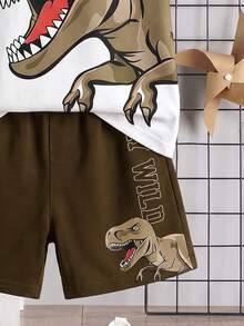 Young Boy Casual Minimalist Streetwear T-Shirt Set, Boys Casual Camouflage Dinosaur T-Rex Print Short Sleeve Crew Neck T-Shirt And Shorts 2-Piece Set, Back To School Season, 4-7 Years Old Children (2-Piece Set) - Multicolor - View 3