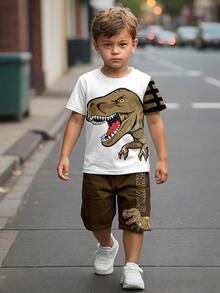 Young Boy Casual Minimalist Streetwear T-Shirt Set, Boys Casual Camouflage Dinosaur T-Rex Print Short Sleeve Crew Neck T-Shirt And Shorts 2-Piece Set, Back To School Season, 4-7 Years Old Children (2-Piece Set) - Multicolor - View 1
