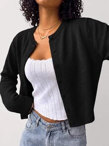 SHEIN BASICS Women's Fashion Minimalist Single-Breasted Long Sleeve Knit Cardigan - Black - View 2
